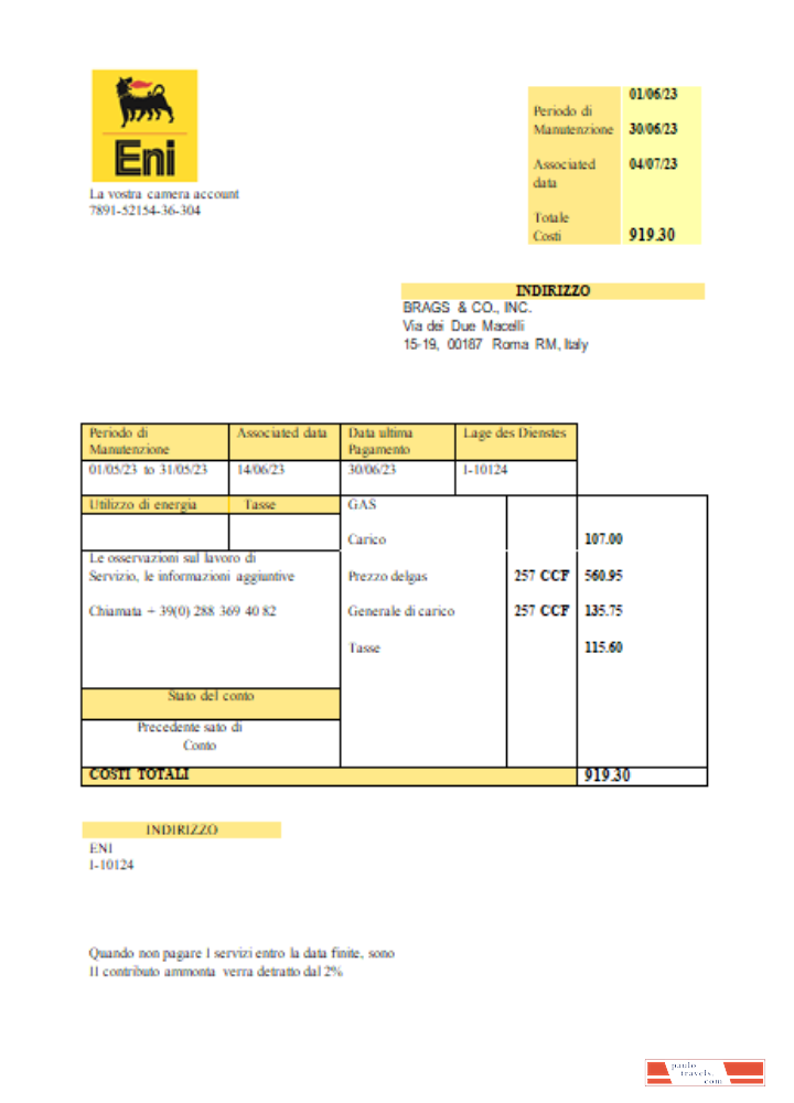Italy Gas utility business bill,  SCR PSD template